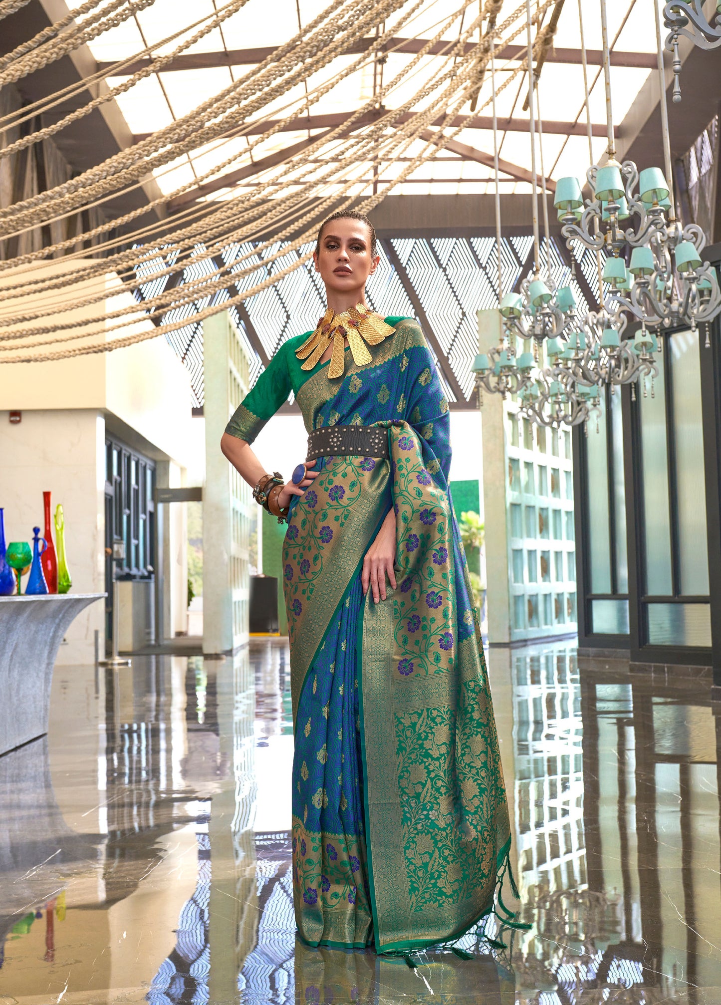 Deep Blue Kalkaa Chaap Handloom silk Saree