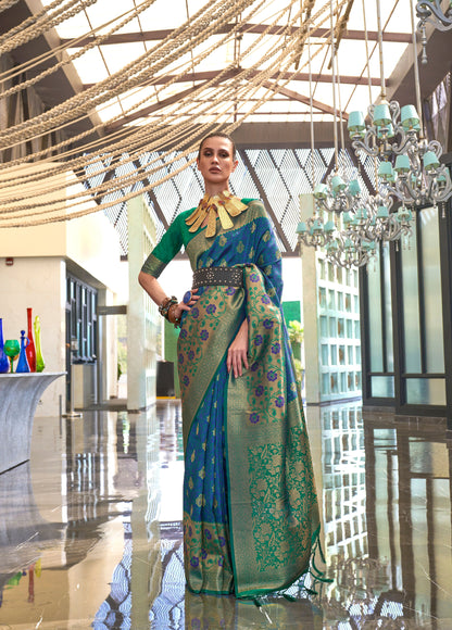 Deep Blue Kalkaa Chaap Handloom silk Saree