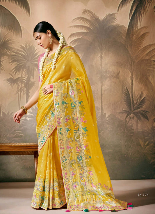 Yellow Munga Silk Zari Work & Resham Embroidery