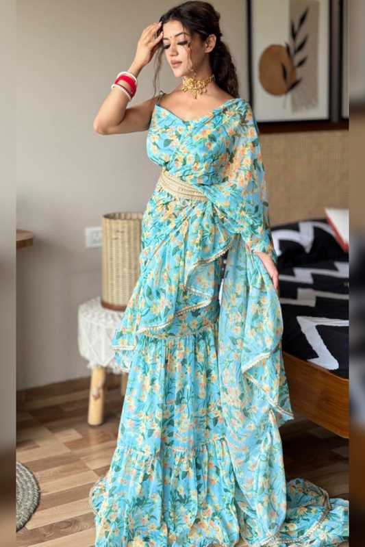 Bahaara Blue Chiffon Floral Print Festive Draped Saree