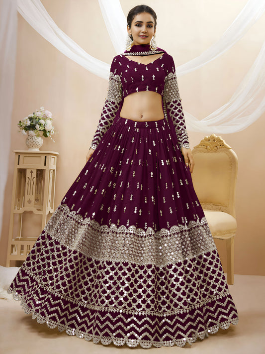 Wine Georgette Zari & Sequins, Dori Work Bridesmaid Lehenga for Engagement