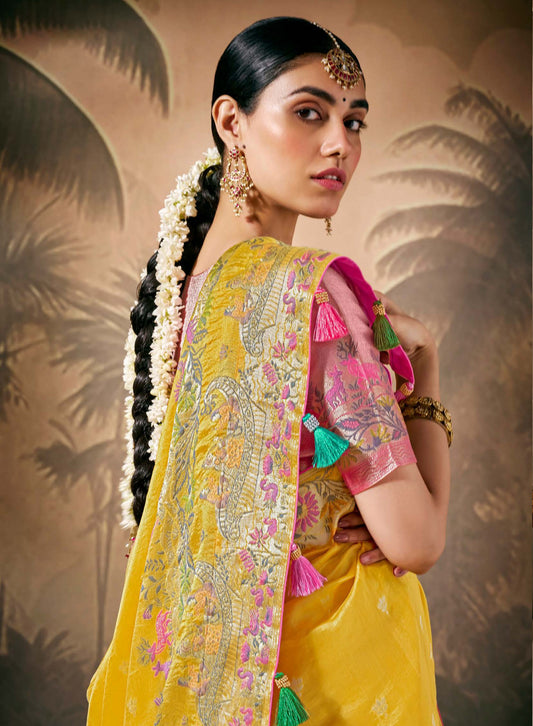 Yellow Munga Silk Zari Work & Resham Embroidery
