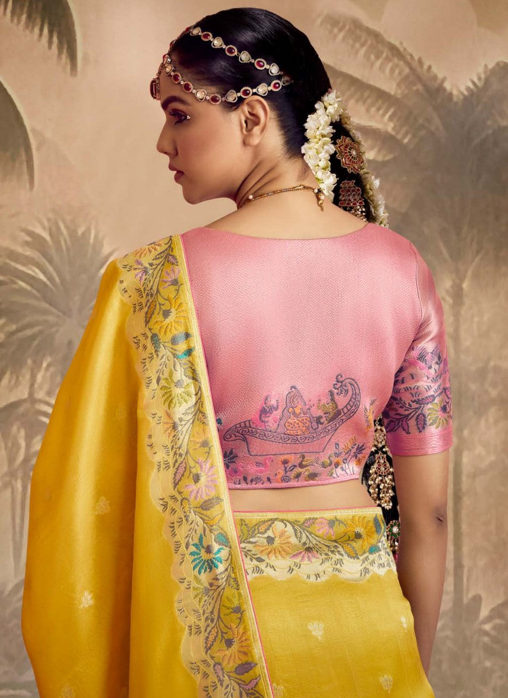 Yellow Munga Silk Zari Work & Resham Embroidery