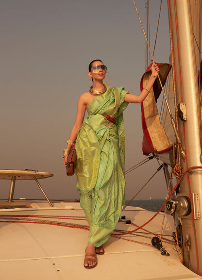 Sage Green Kingston Pure Satin Nylon two tone saree