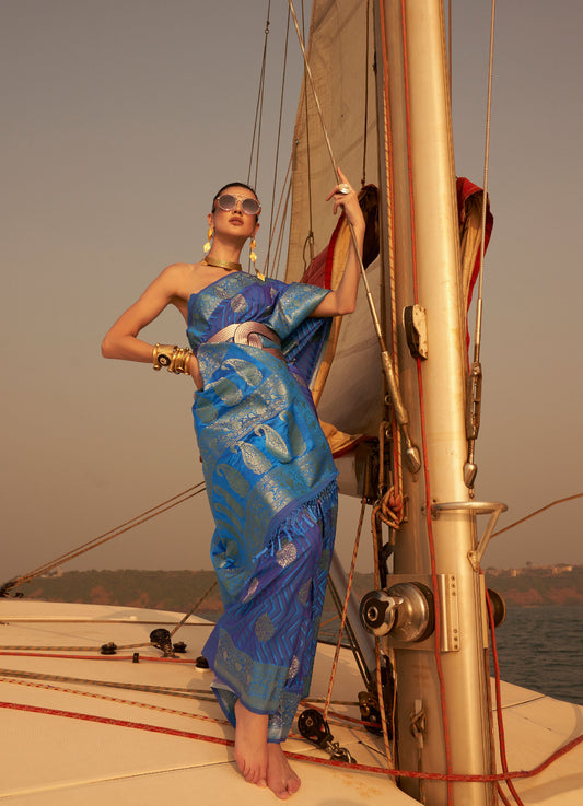 Royal Blue Kingston Pure Satin Nylon two tone saree