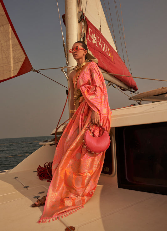 Peach coral Kingston Pure Satin Nylon two tone saree