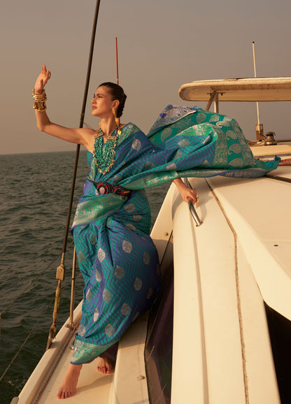 Teal and Green Kingston Pure Satin Nylon two tone saree