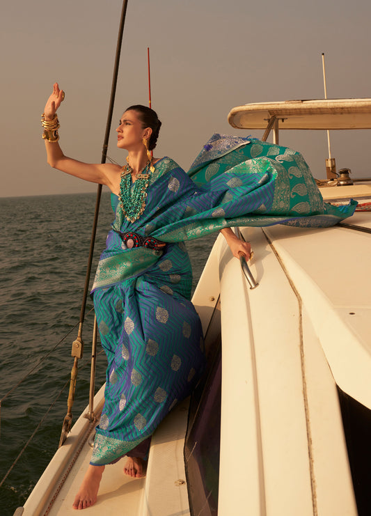 Teal and Green Kingston Pure Satin Nylon two tone saree