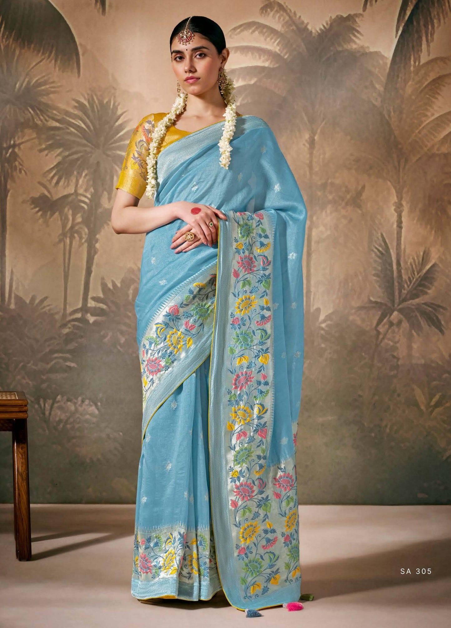Sea Blue Munga Silk Zari Work & Resham Embroidery
