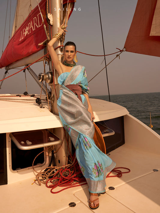 Sky Blue Khibaa Silk Chinnon Nylon Handloom Saree