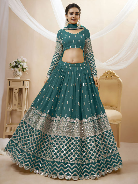 Teal Blue Georgette Zari & Sequins, Dori Work Bridesmaid Lehenga