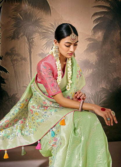 Pista Green Munga Silk Zari Work & Resham Embroidery