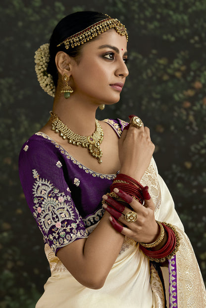 Off White Dola Silk Sequins Emboidery Baisaa Festive Saree