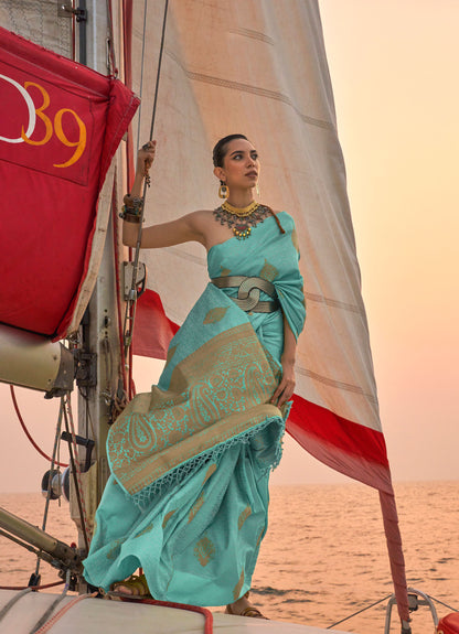 Turquoise Kokoro Satin Two tone handloom weaving saree