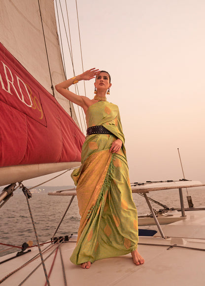 Olive Green Kokoro Satin Two tone handloom weaving saree