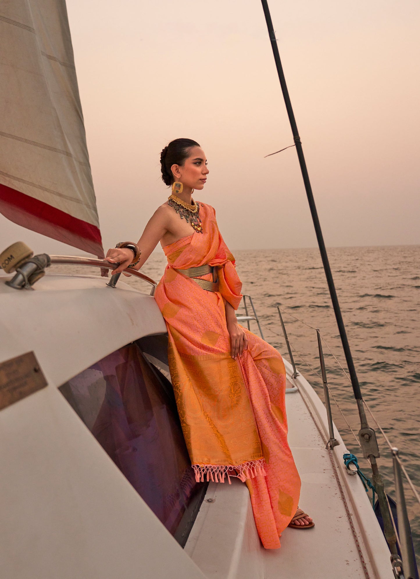 Orange Kokoro Satin Two tone handloom weaving saree