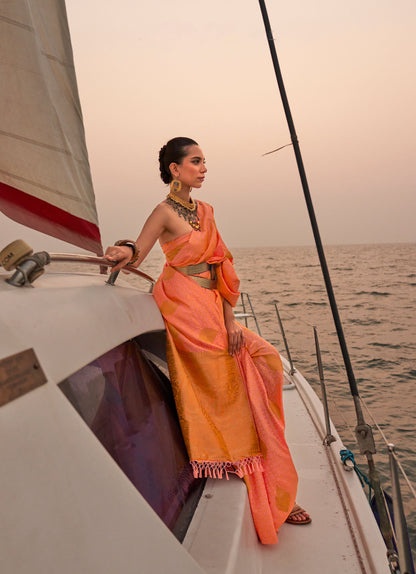 Orange Kokoro Satin Two tone handloom weaving saree