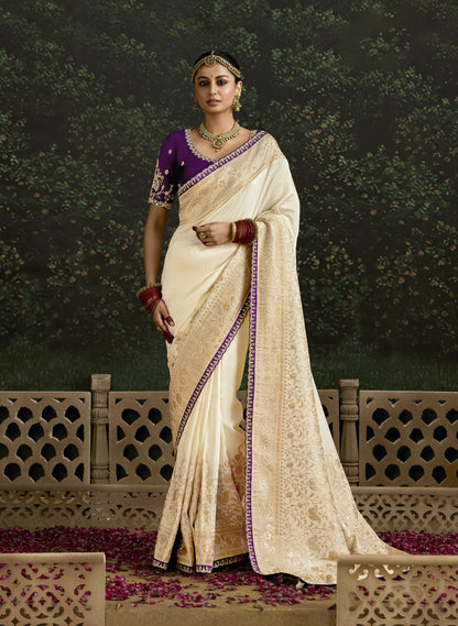 Off White Dola Silk Sequins Emboidery Baisaa Festive Saree