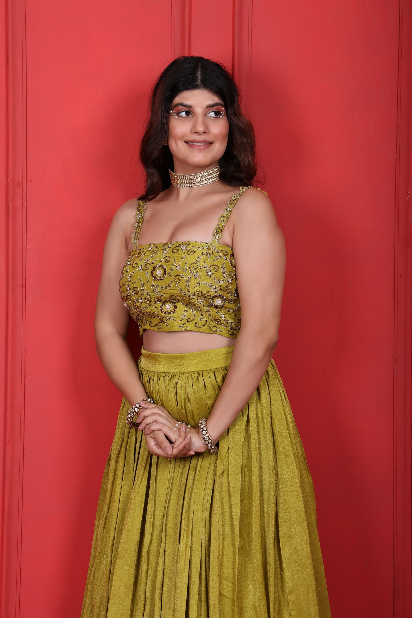 Green Lemon Ginger Hand Embroidered Blouse With Skirt