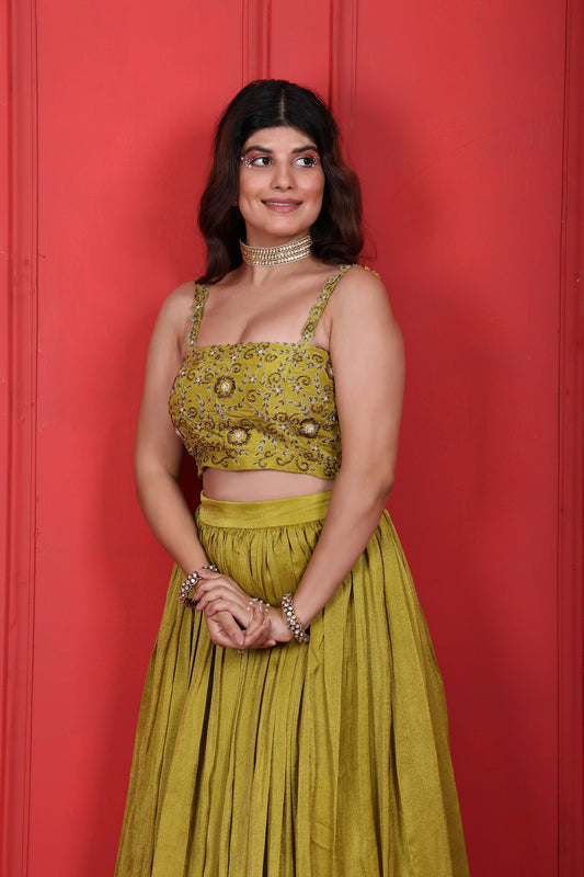 Green Lemon Ginger Hand Embroidered Blouse With Skirt