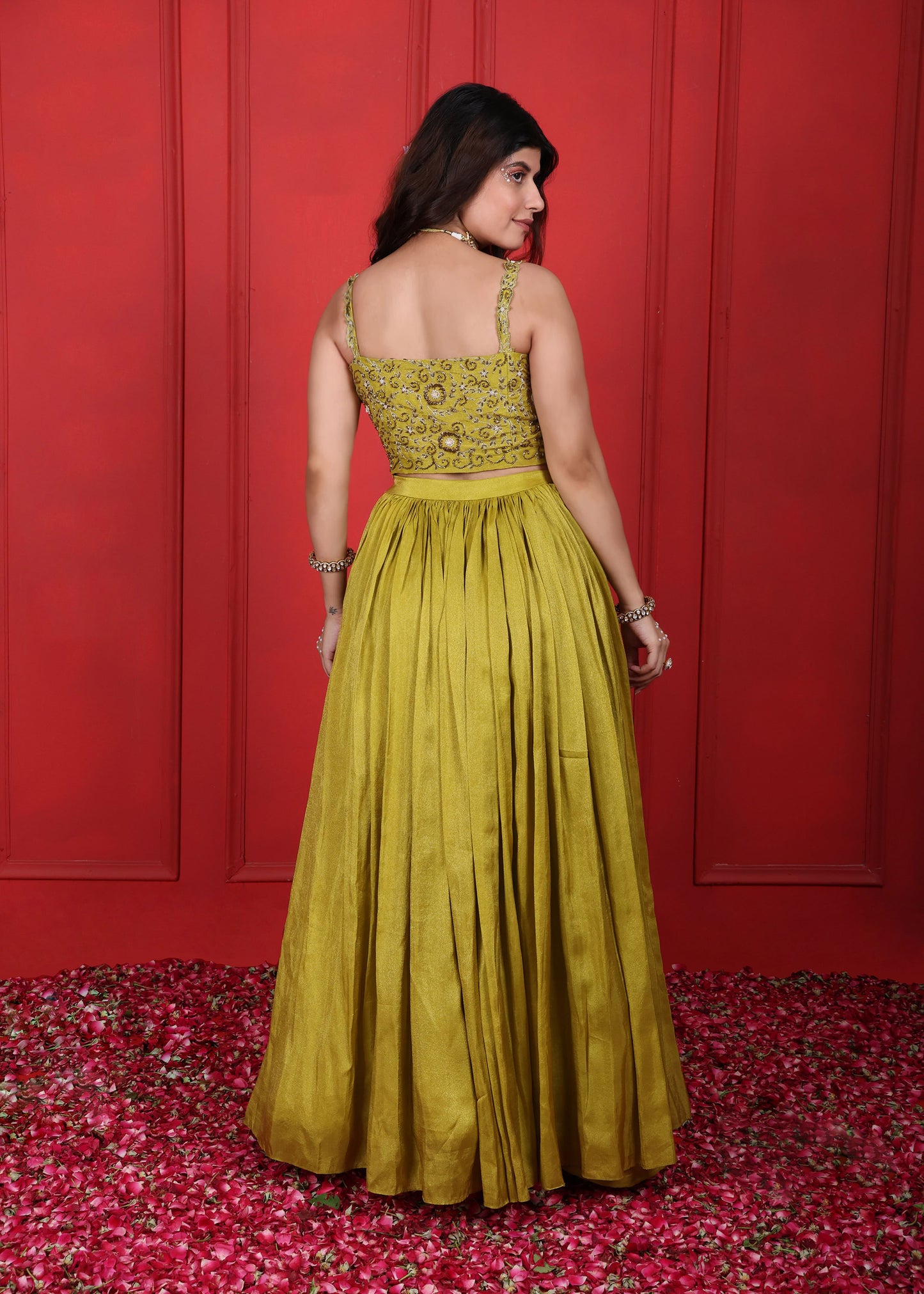 Green Lemon Ginger Hand Embroidered Blouse With Skirt