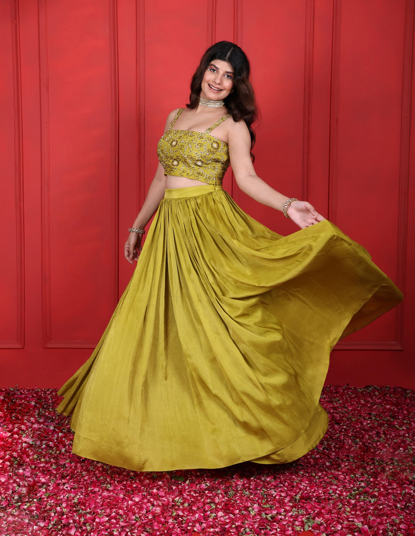 Green Lemon Ginger Hand Embroidered Blouse With Skirt