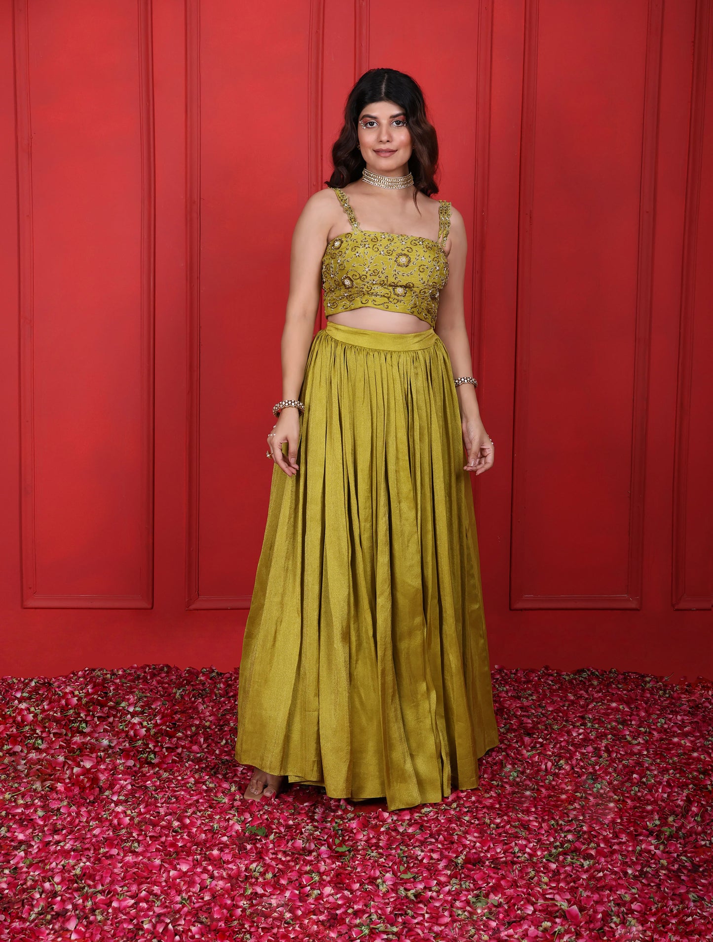 Green Lemon Ginger Hand Embroidered Blouse With Skirt