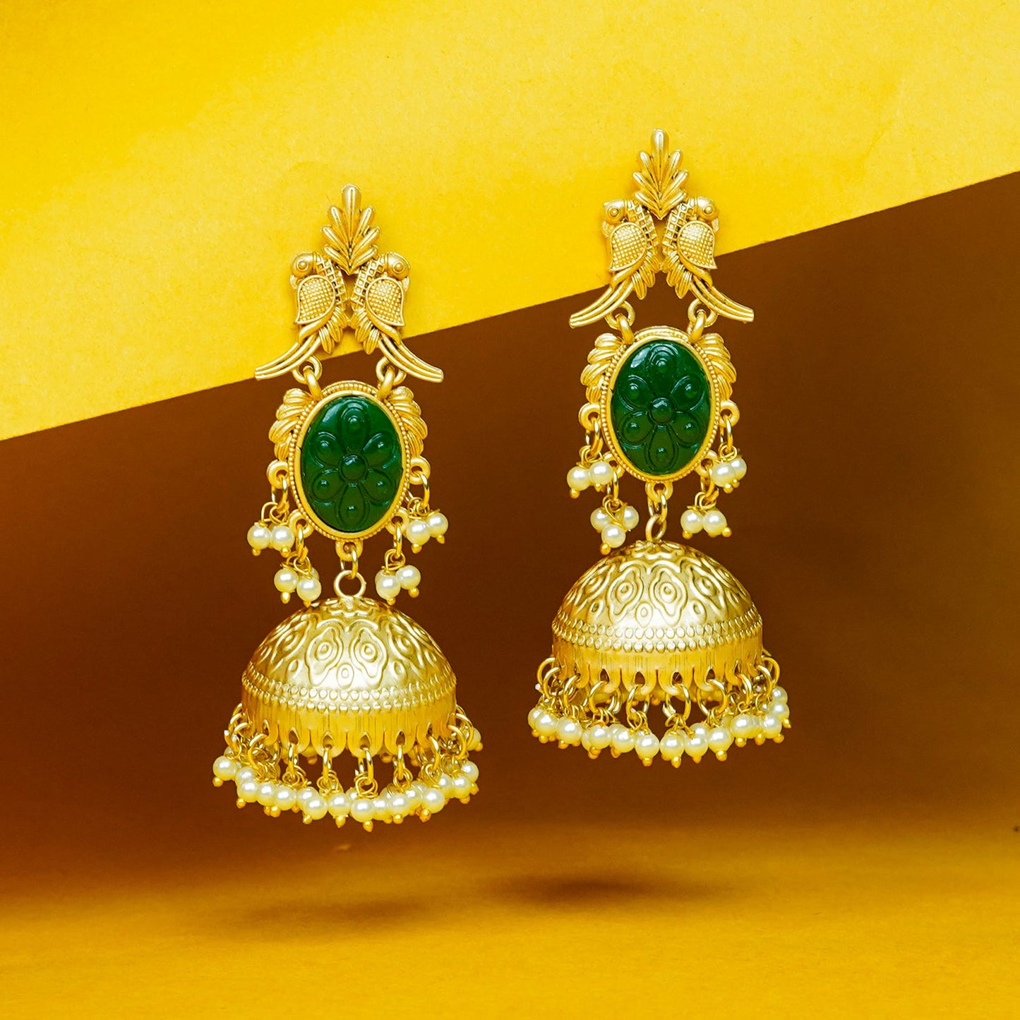 Zevar Club 22K Gold-Plated Green Carved Stone Jhumka Earrings with Bird Motif & Pearls Drops