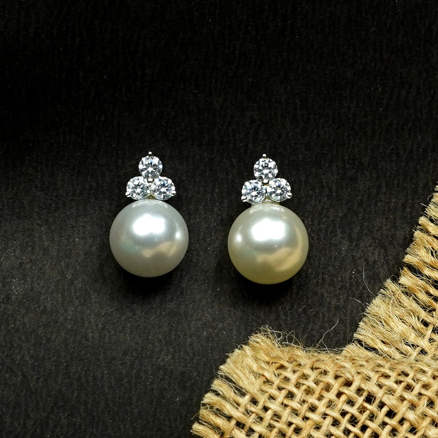 Zevar Club Rhodium-Plated Handcrafted Cubic Zirconia & Pearl Drop Earrings with Leaf Design