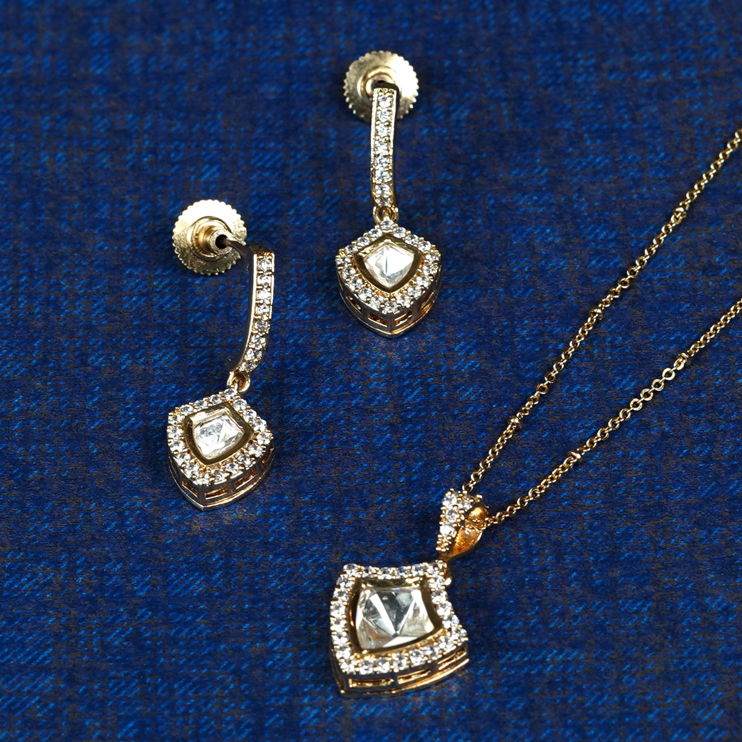 Zevar Club Women 22K Gold-Plated Cubic Zirconia Studded Angular Statement Pendant Necklace Set