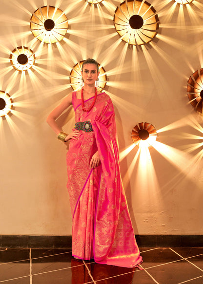Coral Pink Kornella Chaap Handloom Silk Saree