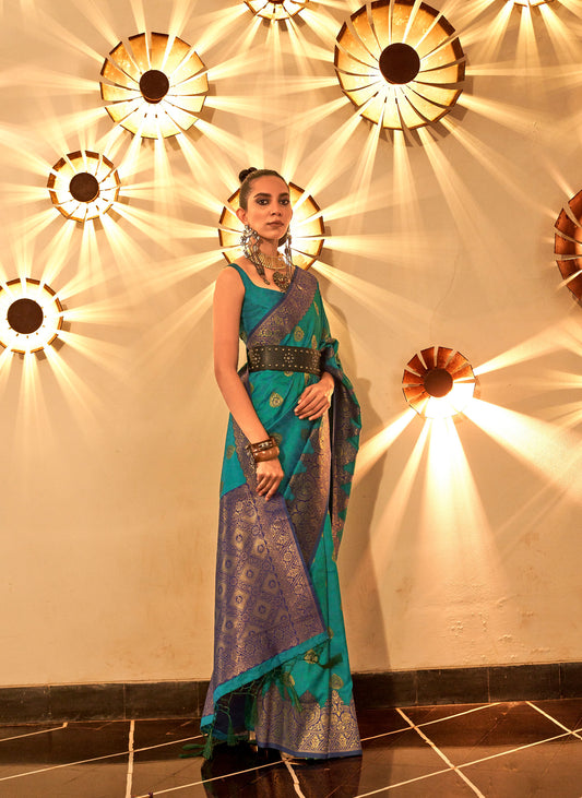 Teal Kornella Chaap Handloom Silk Saree