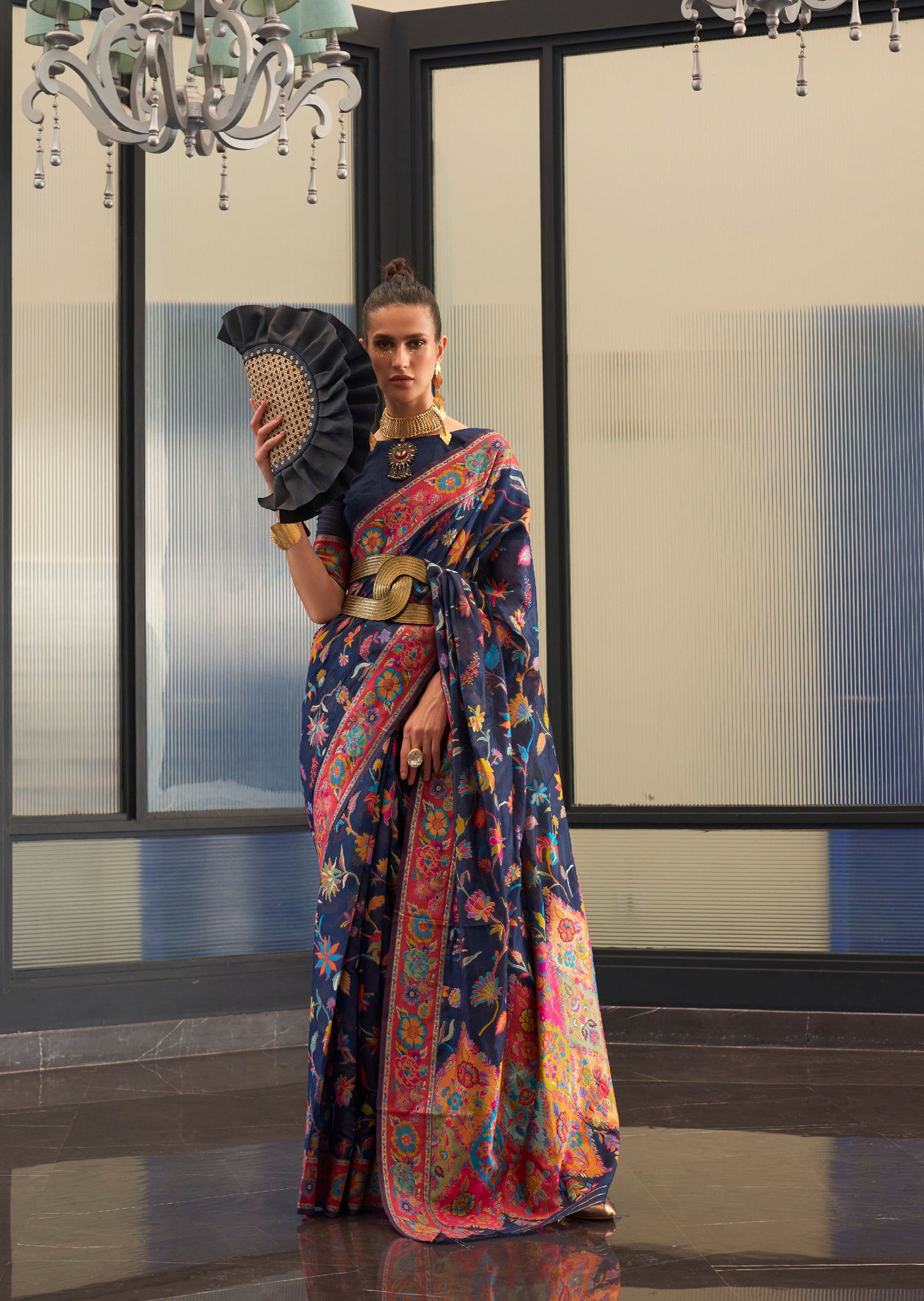 Navy Blue Kabira Kashmiri Modal Handloom Silk Saree