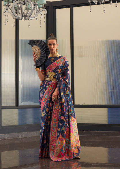 Navy Blue Kabira Kashmiri Modal Handloom Silk Saree