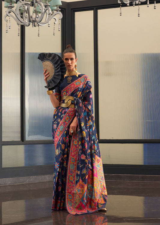 Navy Blue Kabira Kashmiri Modal Handloom Silk Saree