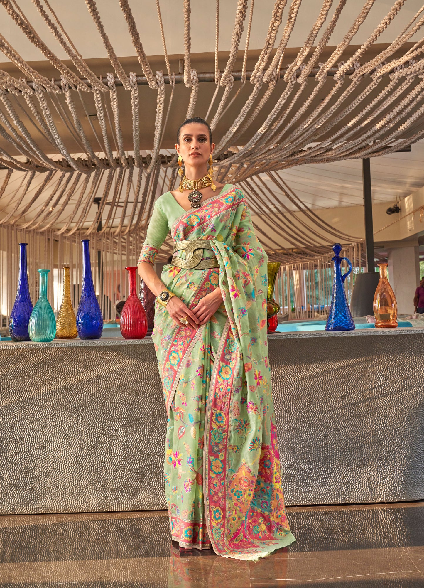 Sea Green Kabira Kashmiri Modal Handloom Silk Saree