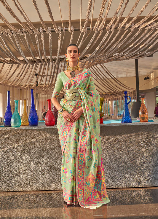 Sea Green Kabira Kashmiri Modal Handloom Silk Saree