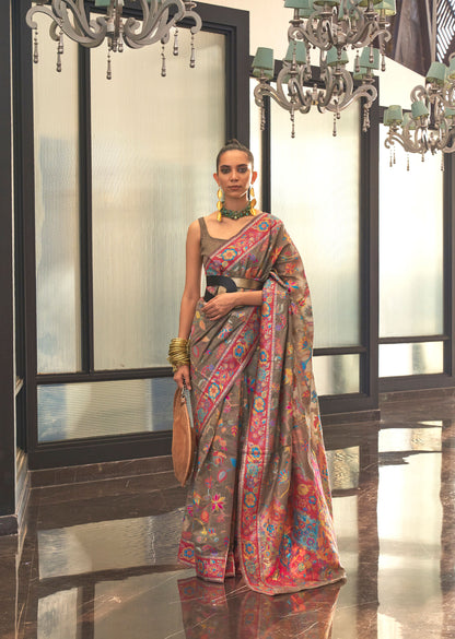 Brown Kabira Kashmiri Modal Handloom Silk Saree