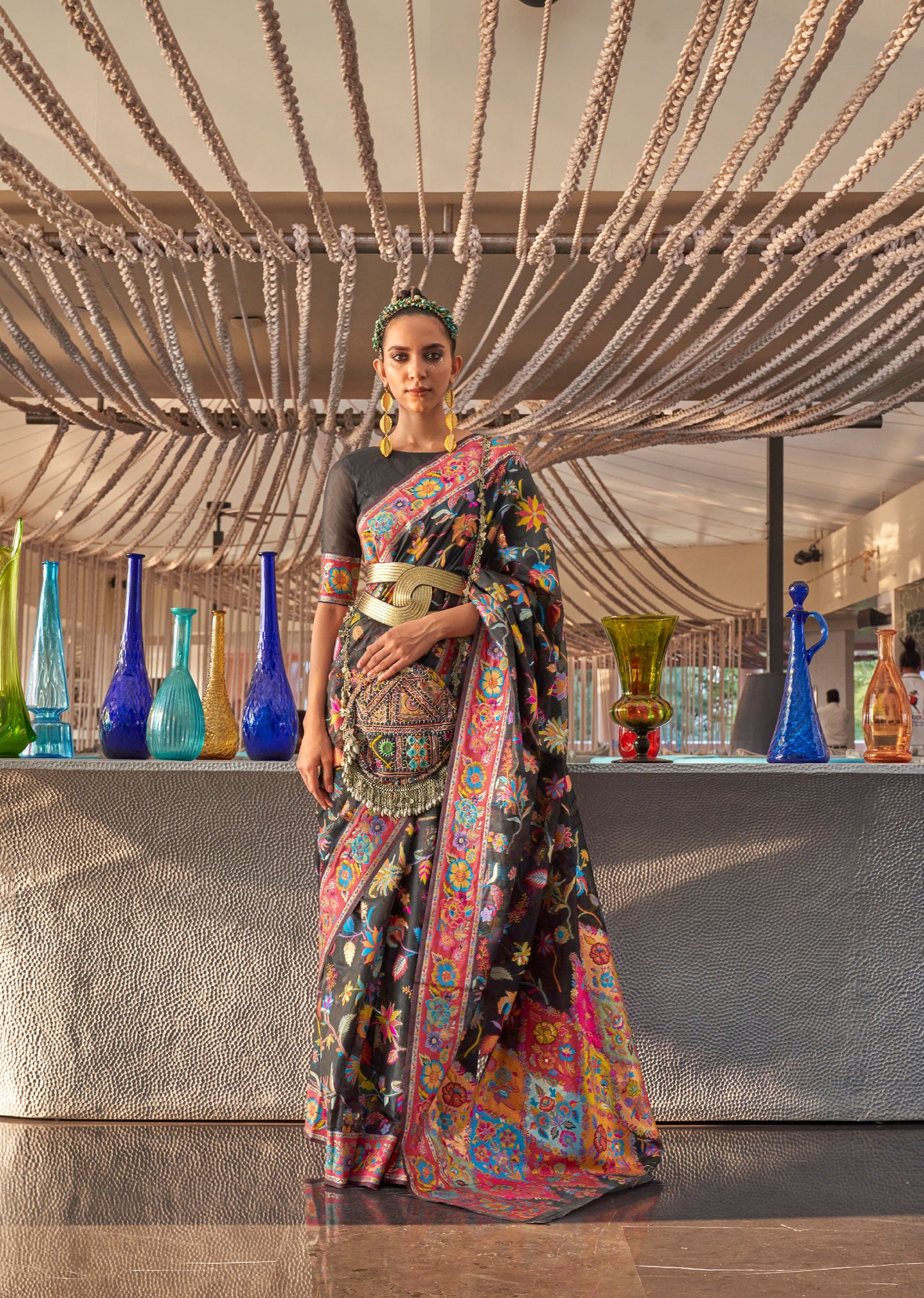 Black Kabira Kashmiri Modal Handloom Silk Saree