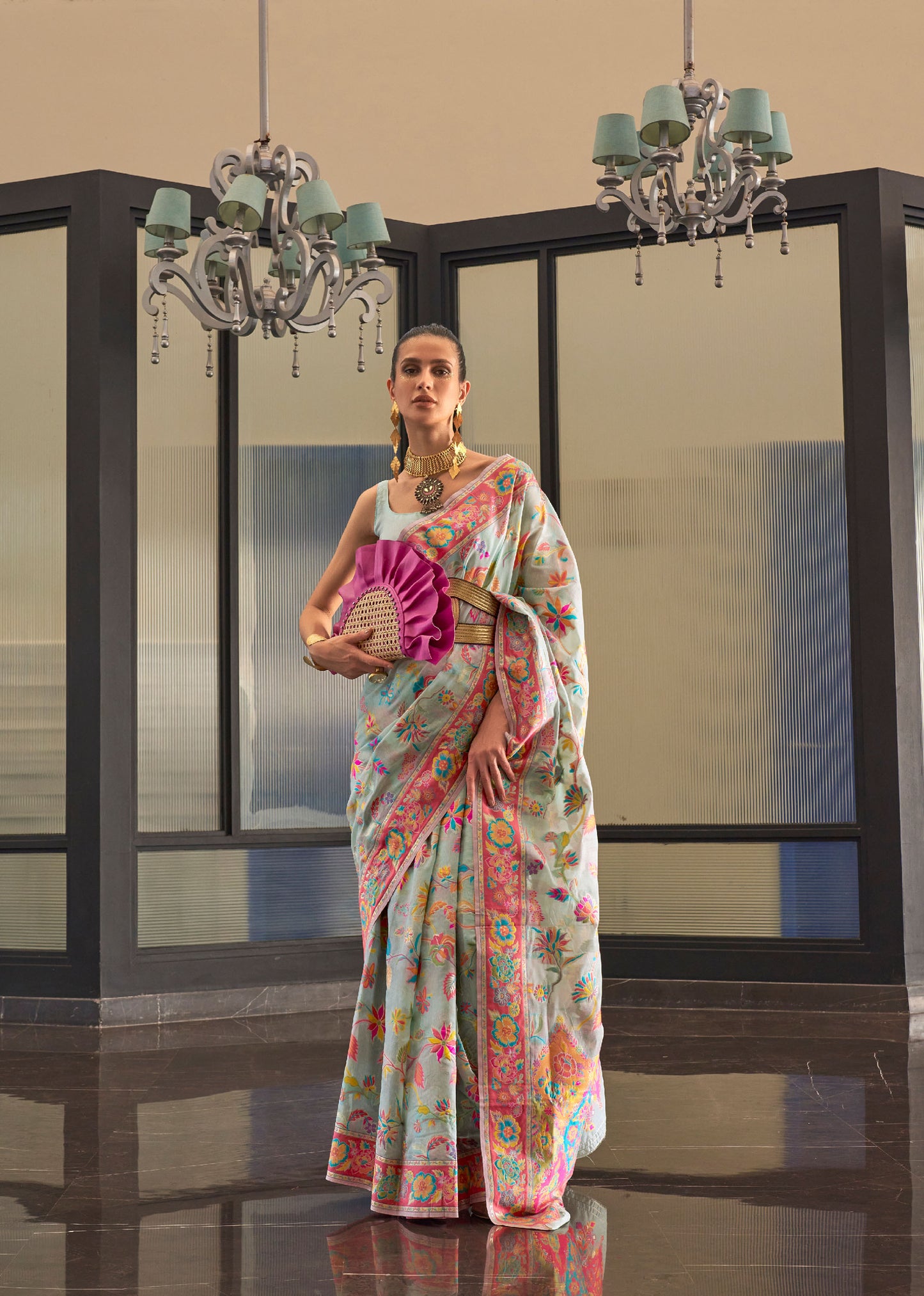 Mint Blue Kabira Kashmiri Modal Handloom Silk Saree