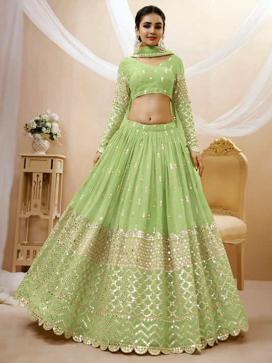 Pista Green Georgette Zari & Sequins, Dori Work Mehendi Lehenga for Wedding Guest