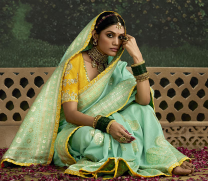 Pista Green Dola Silk Sequins Emboidery Baisaa Festive Saree