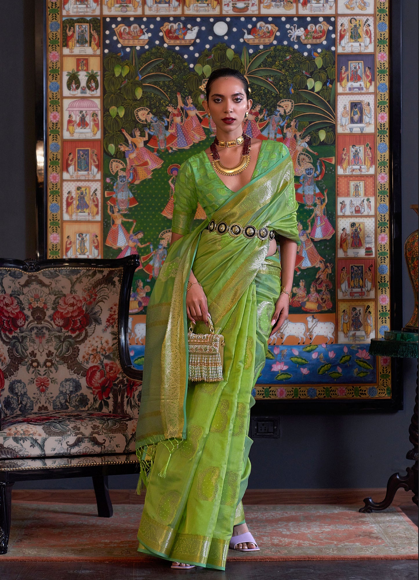 Lime Green Kabinni Organza Two Tone Handloom Saree