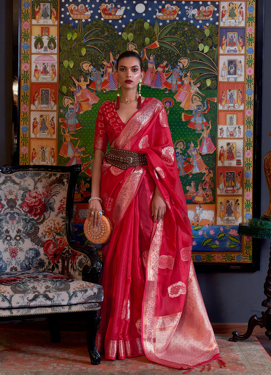 Cherry Red Kabinni Organza Two Tone Handloom Saree