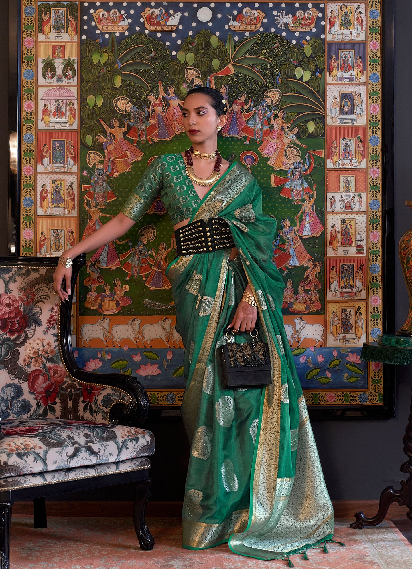 Emerald Green Kabinni Organza Two Tone Handloom Saree