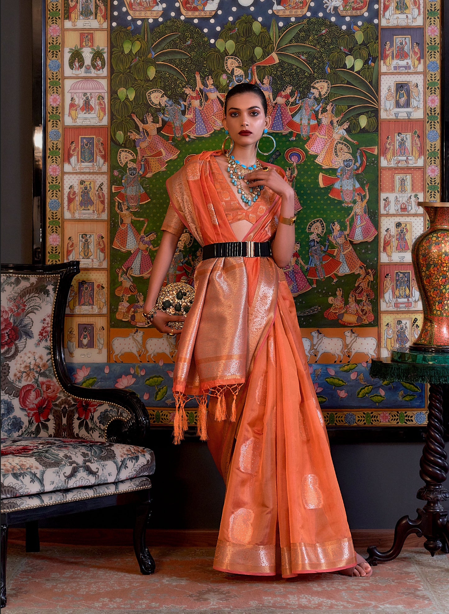 Tangerine Orange Kabinni Organza Two Tone Handloom Saree