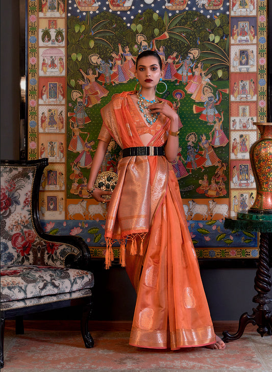 Tangerine Orange Kabinni Organza Two Tone Handloom Saree