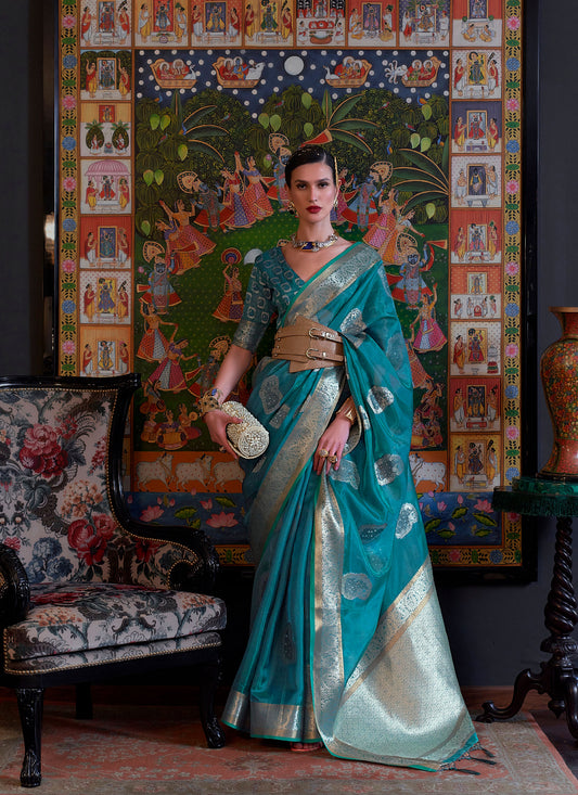 Teal Blue Kabinni Organza Two Tone Handloom Saree