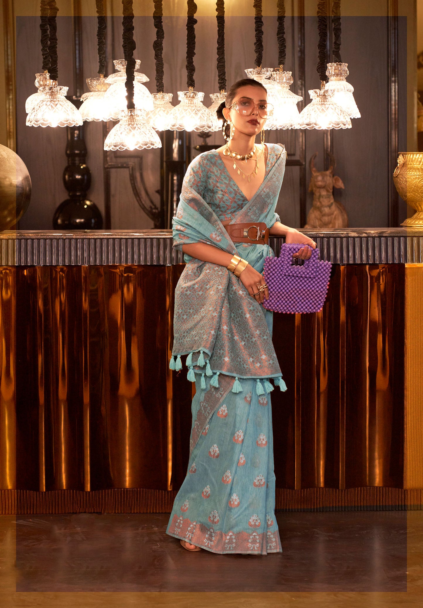 Blue Klassima Linen Pure Linen Zari woven saree