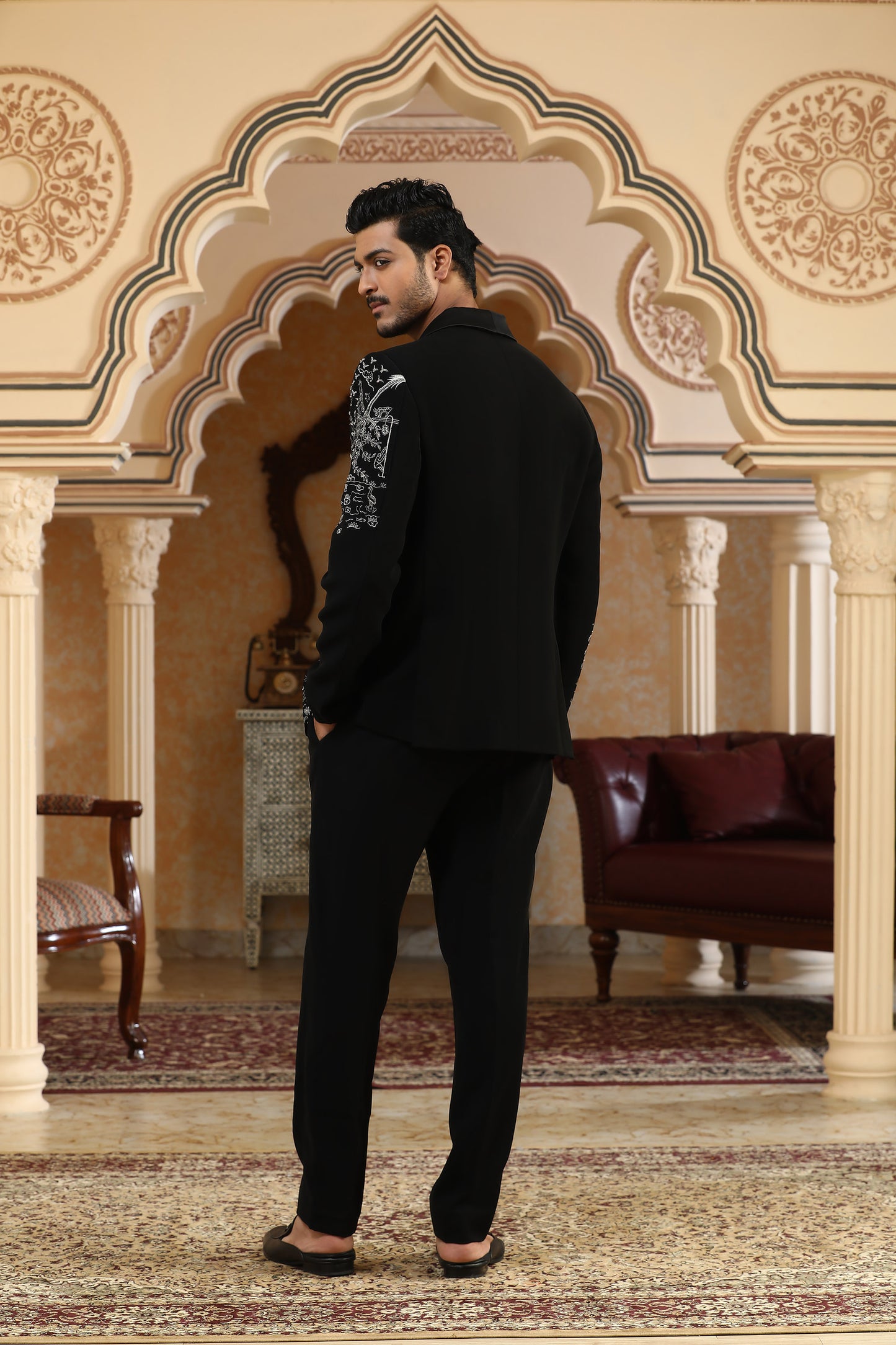 Airawat - Black Italian Silk Zardozi Embroidered Party Wear Coat Set
